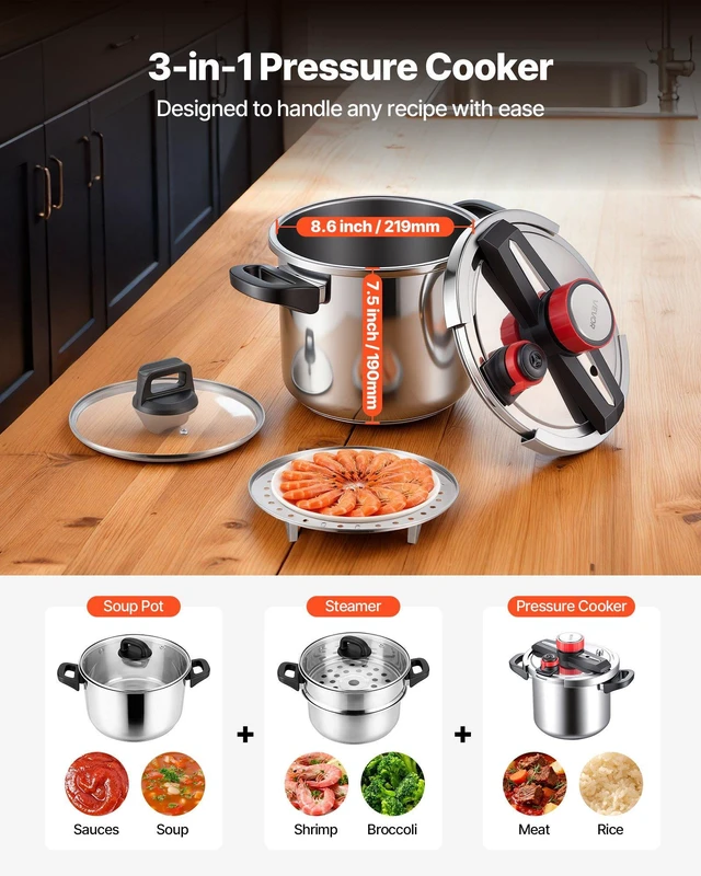 Alt view image 2 of 8 - VEVOR Pressure Cooker, 8Qt Pressure Cooker Stainless Steel, Pressures Canner with Steaming Rack, Tempered Glass Lid, Three Pressures Settings for Meat, Beans, Rice, Soup, Sauces, Cook up to 100 kPa