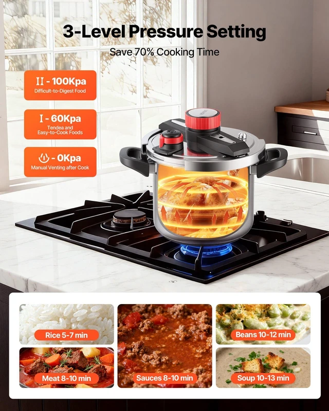 Alt view image 6 of 8 - VEVOR Pressure Cooker, 8Qt Pressure Cooker Stainless Steel, Pressures Canner with Steaming Rack, Tempered Glass Lid, Three Pressures Settings for Meat, Beans, Rice, Soup, Sauces, Cook up to 100 kPa
