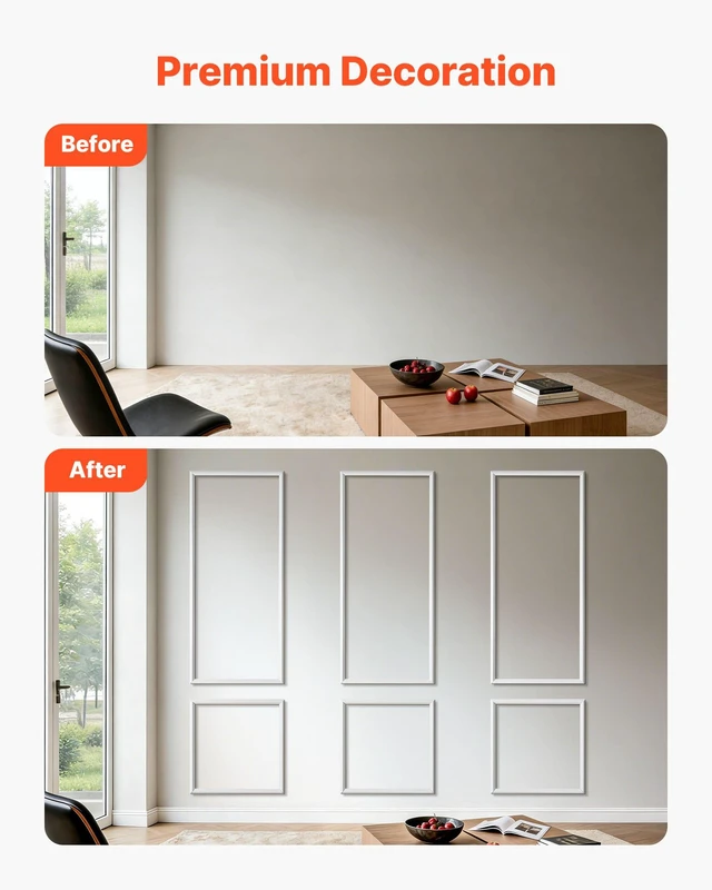 Alt view image 3 of 8 - VEVOR Wall Molding 3 Pack, Wainscoting Panels Kit, Lightweight Paintable Polystyrene, Easy to Install, Waterproof Accent Wide Profile Trim for Interior Living Room, Bedroom,White (24x54 + 24x24 in)