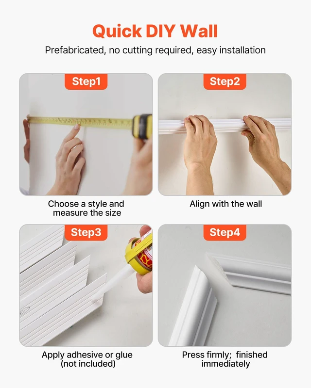 Alt view image 6 of 8 - VEVOR Wall Molding 3 Pack, Wainscoting Panels Kit, Lightweight Paintable Polystyrene, Easy to Install, Waterproof Accent Wide Profile Trim for Interior Living Room, Bedroom,White (24x54 + 24x24 in)
