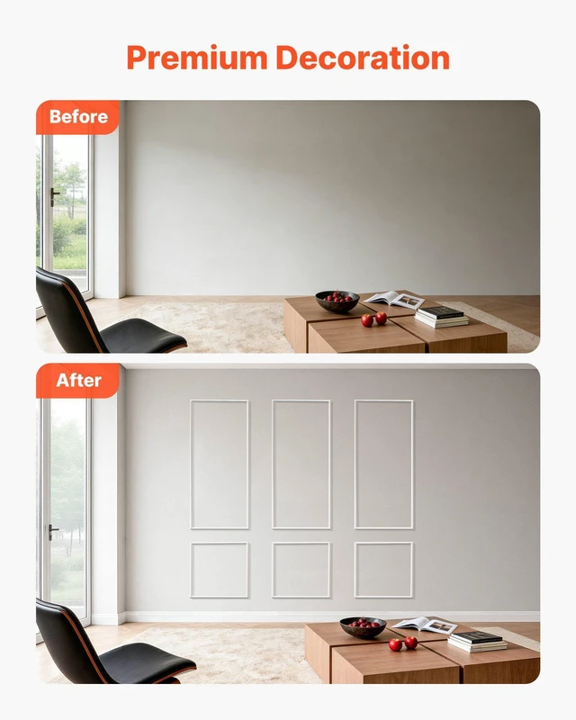 Alt view image 3 of 8 - VEVOR Wall Molding 3 Pack, Wainscoting Panels Kit, Lightweight Paintable Polystyrene, Easy to Install, Waterproof Accent Wall Trim for Interior Décor Living Room, Bedroom, White (24x54 + 24x24 in)