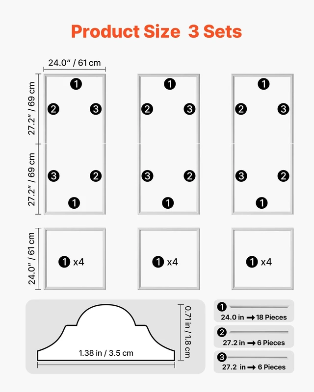 Alt view image 2 of 8 - VEVOR Wall Molding 3 Pack, Wainscoting Panels Kit, Lightweight Paintable Polystyrene, Easy to Install, Waterproof Accent Wide Profile Trim for Interior Living Room, Bedroom,White (24x54 + 24x24 in)