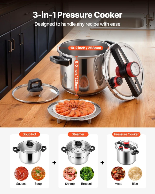 Alt view image 2 of 8 - VEVOR Pressure Cooker, 12Qt Pressure Cooker Stainless Steel, Pressures Canner with Steaming Rack, Tempered Glass Lid, Three Pressures Settings for Meat, Beans, Rice, Soup, Sauces, Cook up to 100 kPa