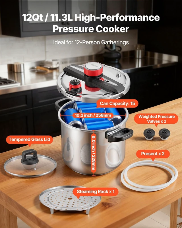Alt view image 4 of 8 - VEVOR Pressure Cooker, 12Qt Pressure Cooker Stainless Steel, Pressures Canner with Steaming Rack, Tempered Glass Lid, Three Pressures Settings for Meat, Beans, Rice, Soup, Sauces, Cook up to 100 kPa