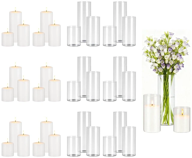 Main image of VEVOR Pillar Candles and Glass Vases Set 36 Pcs, Clear Cylinder Hurricane Candle Holders for Wedding Centerpieces, Tall Vase for Table Decor, Wedding Party, Thanksgiving, White (3.4" x 4.7",7.1",9.8")