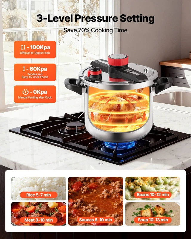 Alt view image 6 of 8 - VEVOR Pressure Cooker, 12Qt Pressure Cooker Stainless Steel, Pressures Canner with Steaming Rack, Tempered Glass Lid, Three Pressures Settings for Meat, Beans, Rice, Soup, Sauces, Cook up to 100 kPa