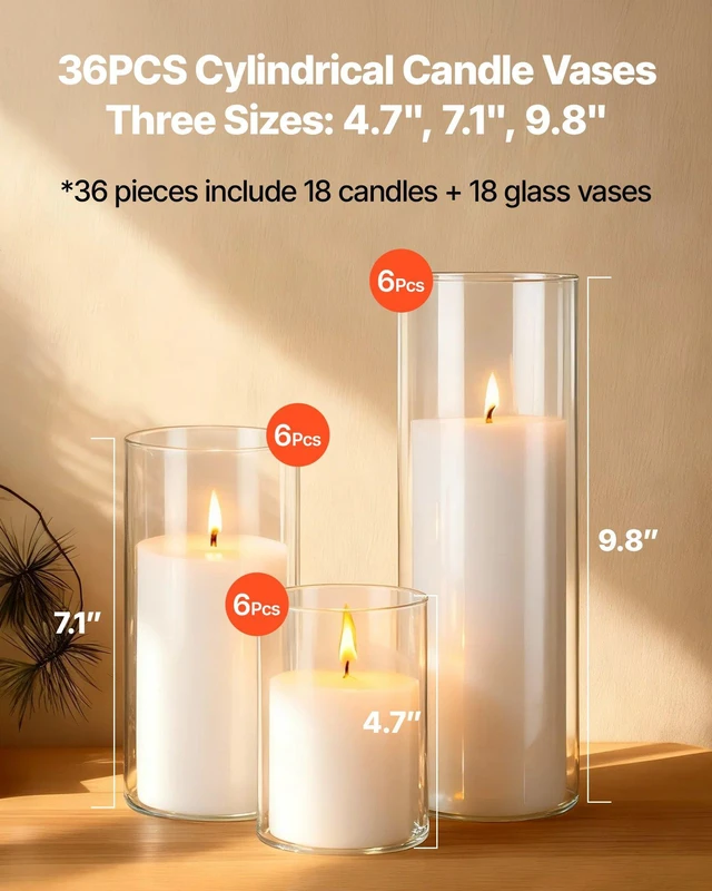 Alt view image 2 of 8 - VEVOR Pillar Candles and Glass Vases Set 36 Pcs, Clear Cylinder Hurricane Candle Holders for Wedding Centerpieces, Tall Vase for Table Decor, Wedding Party, Thanksgiving, White (3.4" x 4.7",7.1",9.8")