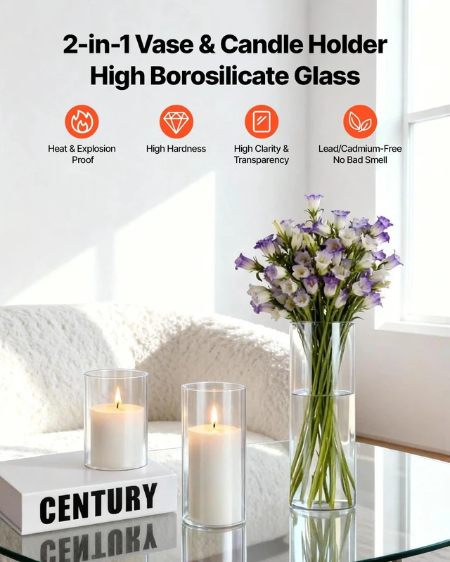 Alt view image 3 of 8 - VEVOR Pillar Candles and Glass Vases Set 36 Pcs, Clear Cylinder Hurricane Candle Holders for Wedding Centerpieces, Tall Vase for Table Decor, Wedding Party, Thanksgiving, White (3.4" x 4.7",7.1",9.8")