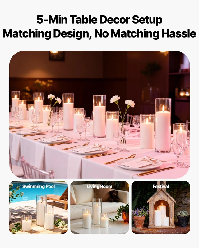 Alt view image 5 of 8 - VEVOR Pillar Candles and Glass Vases Set 36 Pcs, Clear Cylinder Hurricane Candle Holders for Wedding Centerpieces, Tall Vase for Table Decor, Wedding Party, Thanksgiving, White (3.4" x 4.7",7.1",9.8")