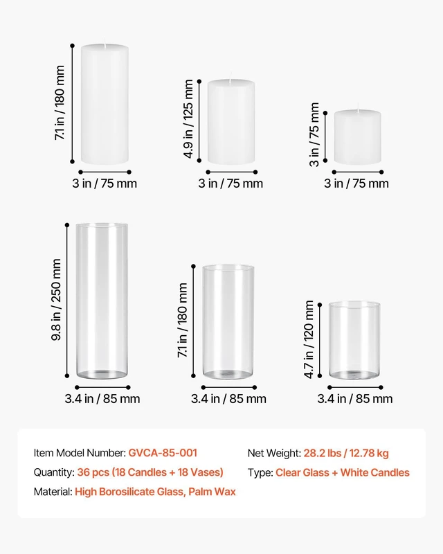 Alt view image 7 of 8 - VEVOR Pillar Candles and Glass Vases Set 36 Pcs, Clear Cylinder Hurricane Candle Holders for Wedding Centerpieces, Tall Vase for Table Decor, Wedding Party, Thanksgiving, White (3.4" x 4.7",7.1",9.8")