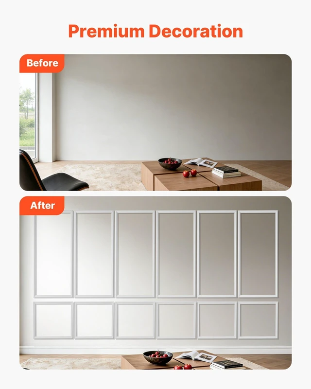 Alt view image 3 of 8 - VEVOR Wall Molding 6 Pack, Wainscoting Panels Kit, Lightweight Paintable Polystyrene, Easy to Install, Waterproof Accent Wall Trim for Interior Décor Living Room, Bedroom, White (24x54 + 24x24 in)