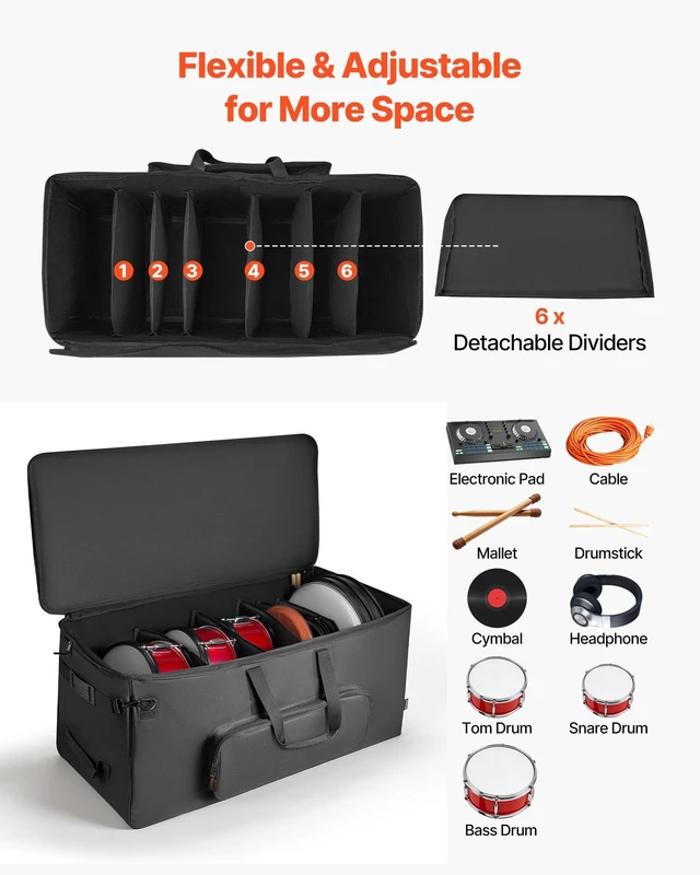 Alt view image 2 of 8 - VEVOR Electronic Drum Kit Bag, 600D, Padded Drum Bag with Wheels, Large 36.2 x 16.5 x 16.1 in Interior, Lightweight Travel Case with Detachable Dividers, Multiple Pockets, for Electric Drums, Black