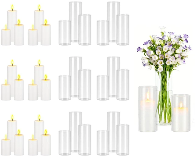 Main image of VEVOR Pillar Candles and Glass Vases Set 36 Pcs, Clear Cylinder Hurricane Candle Holders for Wedding Centerpieces, Tall Vase for Table Decor, Wedding Party, Thanksgiving,White (2.56" x 4.7",5.9",7.9")
