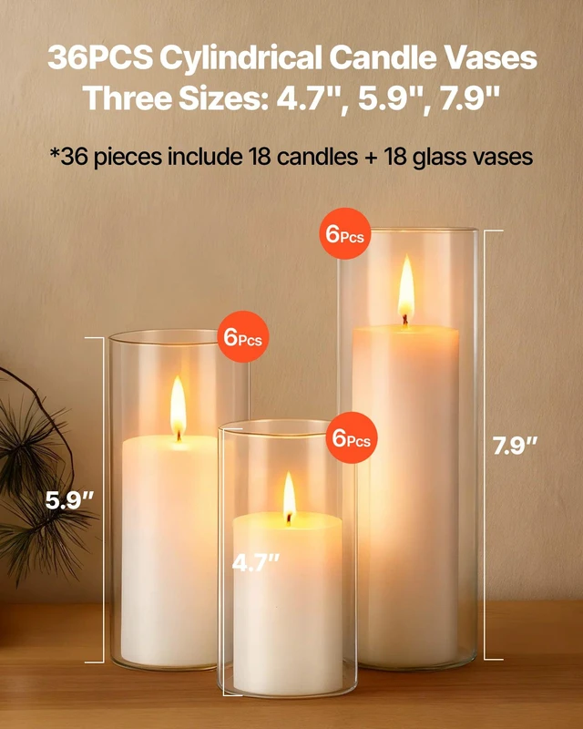 Alt view image 2 of 8 - VEVOR Pillar Candles and Glass Vases Set 36 Pcs, Clear Cylinder Hurricane Candle Holders for Wedding Centerpieces, Tall Vase for Table Decor, Wedding Party, Thanksgiving,White (2.56" x 4.7",5.9",7.9")