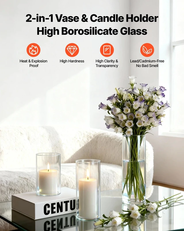 Alt view image 3 of 8 - VEVOR Pillar Candles and Glass Vases Set 36 Pcs, Clear Cylinder Hurricane Candle Holders for Wedding Centerpieces, Tall Vase for Table Decor, Wedding Party, Thanksgiving,White (2.56" x 4.7",5.9",7.9")