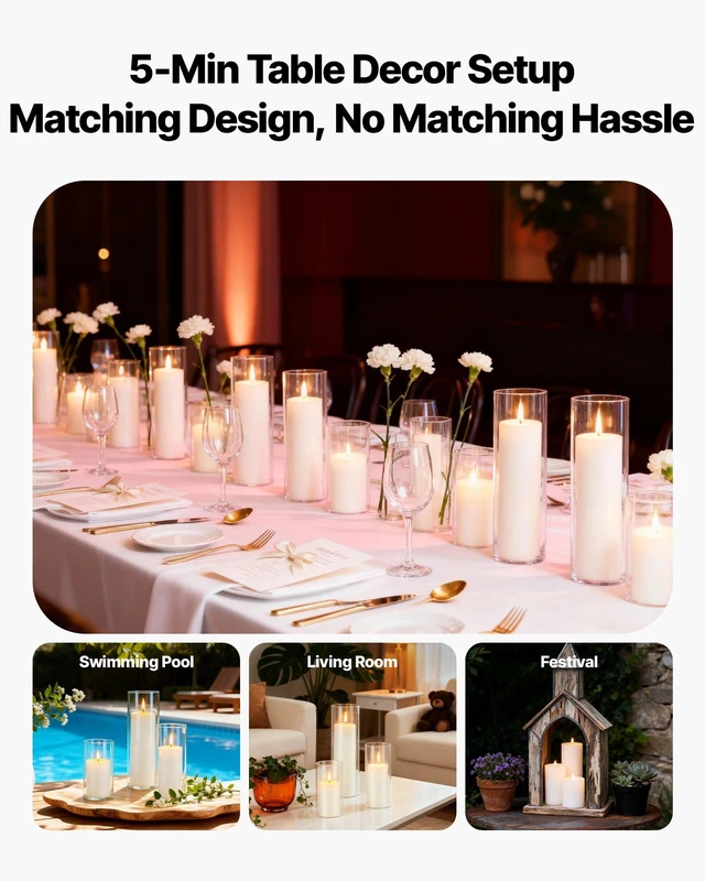 Alt view image 5 of 8 - VEVOR Pillar Candles and Glass Vases Set 36 Pcs, Clear Cylinder Hurricane Candle Holders for Wedding Centerpieces, Tall Vase for Table Decor, Wedding Party, Thanksgiving,White (2.56" x 4.7",5.9",7.9")