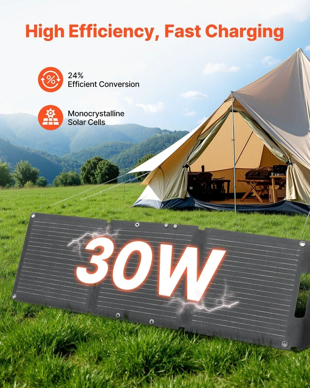 Alt view image 2 of 8 - VEVOR 30W Foldable Solar Panel Charger, 16BB N-Type Monocrystalline Solar Panel 24% Efficiency, Ultra-Light Portable with USB-A, USB-A (QC3.0) & Type-C Ports for Camping, Backpacking, Phones, Tablets