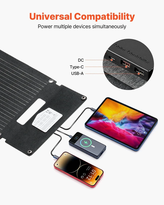 Alt view image 3 of 8 - VEVOR 30W Foldable Solar Panel Charger, 16BB N-Type Monocrystalline Solar Panel 24% Efficiency, Ultra-Light Portable with USB-A, USB-A (QC3.0) & Type-C Ports for Camping, Backpacking, Phones, Tablets