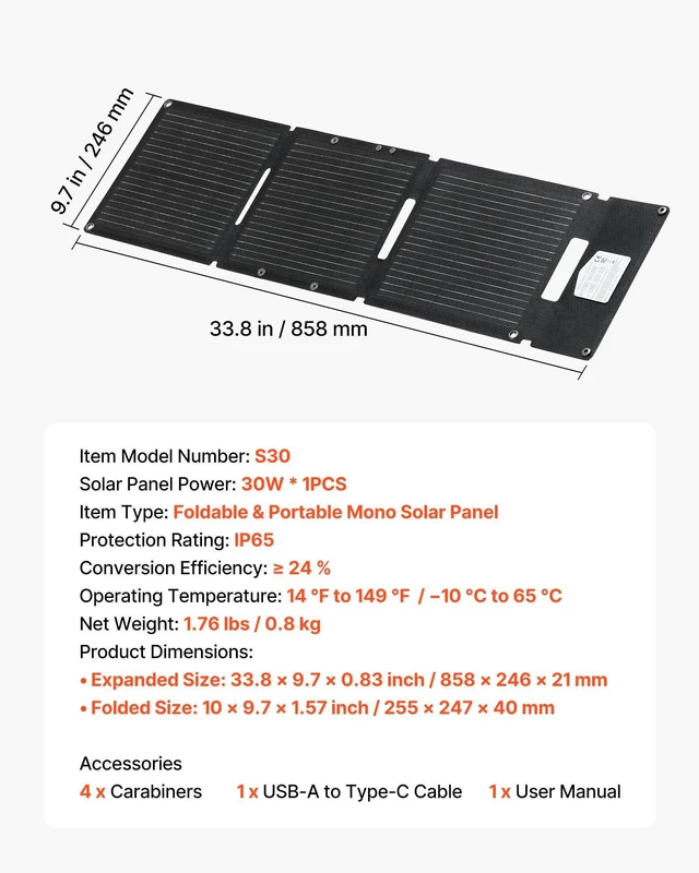 Alt view image 7 of 8 - VEVOR 30W Foldable Solar Panel Charger, 16BB N-Type Monocrystalline Solar Panel 24% Efficiency, Ultra-Light Portable with USB-A, USB-A (QC3.0) & Type-C Ports for Camping, Backpacking, Phones, Tablets