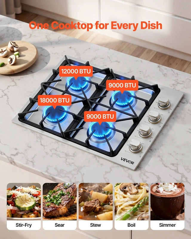 Alt view image 3 of 8 - VEVOR Gas Cooktop, 30 inch 4 Burners Gas Stove Top, Max 48000BTU Built-in Stainless Steel Stove Top LPG/NG Convertible Dual Fuel Cooktop Stoves with Sealed Burner for Sear, Stew, Boil, Stir-Fry