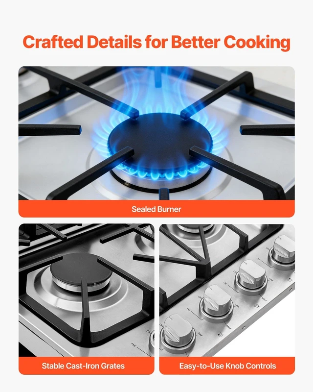 Alt view image 6 of 8 - VEVOR Gas Cooktop, 30 inch 4 Burners Gas Stove Top, Max 48000BTU Built-in Stainless Steel Stove Top LPG/NG Convertible Dual Fuel Cooktop Stoves with Sealed Burner for Sear, Stew, Boil, Stir-Fry
