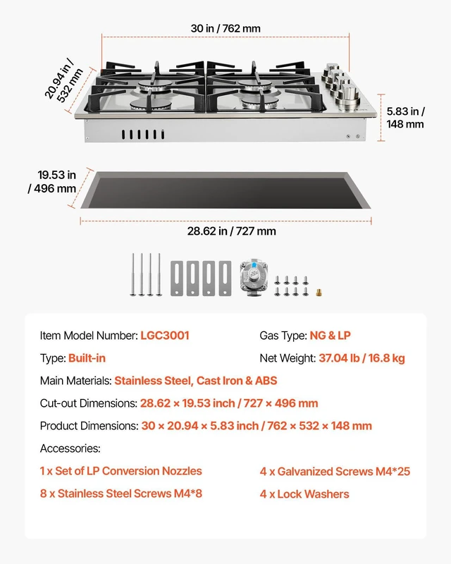 Alt view image 7 of 8 - VEVOR Gas Cooktop, 30 inch 4 Burners Gas Stove Top, Max 48000BTU Built-in Stainless Steel Stove Top LPG/NG Convertible Dual Fuel Cooktop Stoves with Sealed Burner for Sear, Stew, Boil, Stir-Fry