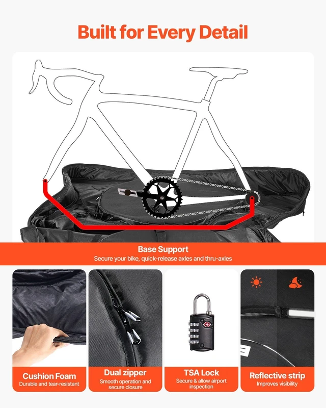 Alt view image 4 of 7 - VEVOR Triathlon Bike Travel Bag, Transport Bicycle Storage Carry Bag with TSA Lock & Dual Zipper, Triathlon Bicycle Case Max. Wheelbase 42 in for Travel, Outdoor Use, Train Airplane Subway Transport