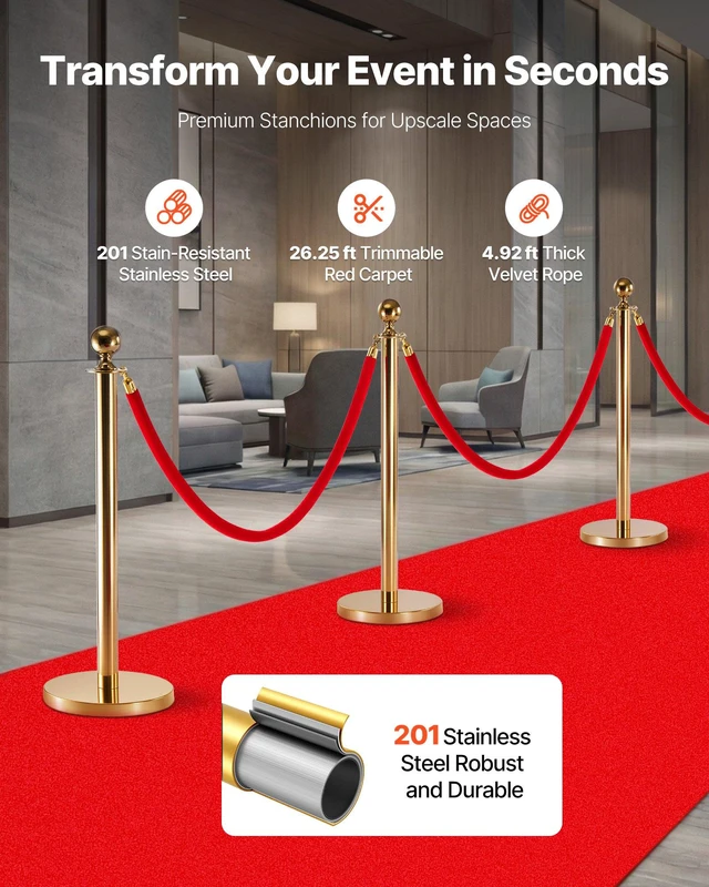 Alt view image 2 of 8 - VEVOR Stanchion Post, 6 Pcs Crowd Control Barrier Set with Red Carpet, 4 Red Velvet Ropes, Stainless Steel Gold Stanchion Post Queue with Hollow Base for Theater, Party, Wedding, Exhibition (Gold)