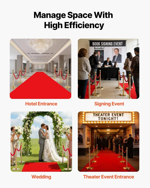 Alt view image 6 of 8 - VEVOR Stanchion Post, 6 Pcs Crowd Control Barrier Set with Red Carpet, 4 Red Velvet Ropes, Stainless Steel Gold Stanchion Post Queue with Hollow Base for Theater, Party, Wedding, Exhibition (Gold)