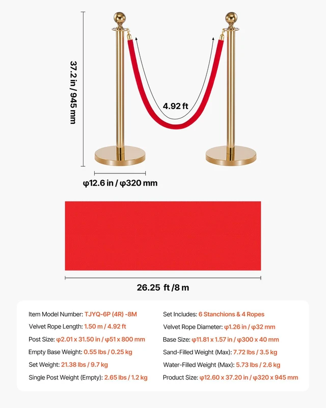 Alt view image 7 of 8 - VEVOR Stanchion Post, 6 Pcs Crowd Control Barrier Set with Red Carpet, 4 Red Velvet Ropes, Stainless Steel Gold Stanchion Post Queue with Hollow Base for Theater, Party, Wedding, Exhibition (Gold)