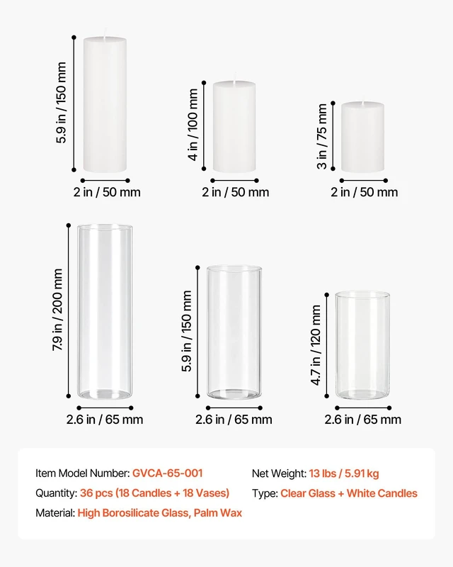 Alt view image 7 of 8 - VEVOR Pillar Candles and Glass Vases Set 36 Pcs, Clear Cylinder Hurricane Candle Holders for Wedding Centerpieces, Tall Vase for Table Decor, Wedding Party, Thanksgiving,White (2.56" x 4.7",5.9",7.9")