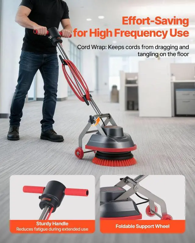 Alt view image 11 of 13 - VEVOR Commercial Floor Scrubber Machine, Heavy Duty Floor Cleaner Polisher with 2 Wheels, Professional Electric Carpet Buffer, Max 1900 RPM, 43 FT Cord, 3 Pads & 3 Brushes - All Floor Surfaces