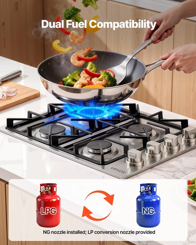 Alt view image 4 of 8 - VEVOR Gas Cooktop, 30 inch 4 Burners Gas Stove Top, Max 48000BTU Built-in Stainless Steel Stove Top LPG/NG Convertible Dual Fuel Cooktop Stoves with Sealed Burner for Sear, Stew, Boil, Stir-Fry