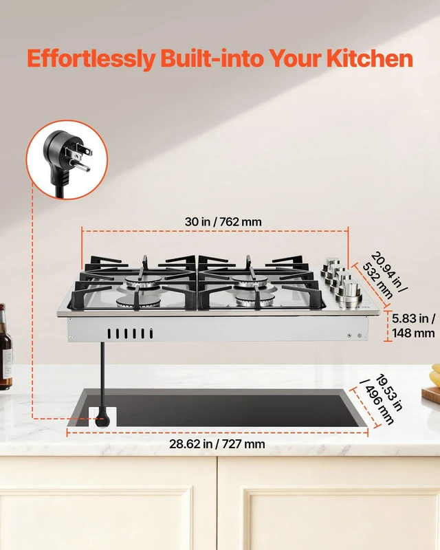 Alt view image 2 of 8 - VEVOR Gas Cooktop, 30 inch 4 Burners Gas Stove Top, Max 48000BTU Built-in Stainless Steel Stove Top LPG/NG Convertible Dual Fuel Cooktop Stoves with Sealed Burner for Sear, Stew, Boil, Stir-Fry
