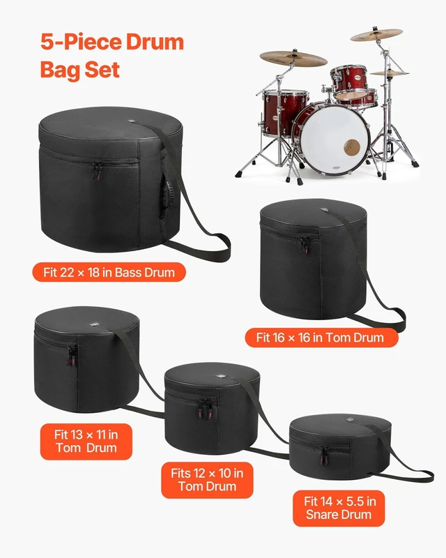 Alt view image 2 of 8 - VEVOR 5-Piece Drum Case Set, 600D, Padded Drum Bags for 22 in Bass, 12/13/16 in Tom, 14 in Snare, Thick Padding, Lightweight Protective Covers Travel Storage Cases, for Drums Accessories Protection