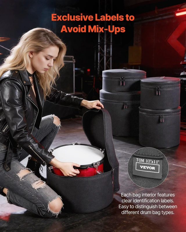 Alt view image 4 of 8 - VEVOR 5-Piece Drum Case Set, 600D, Padded Drum Bags for 22 in Bass, 12/13/16 in Tom, 14 in Snare, Thick Padding, Lightweight Protective Covers Travel Storage Cases, for Drums Accessories Protection