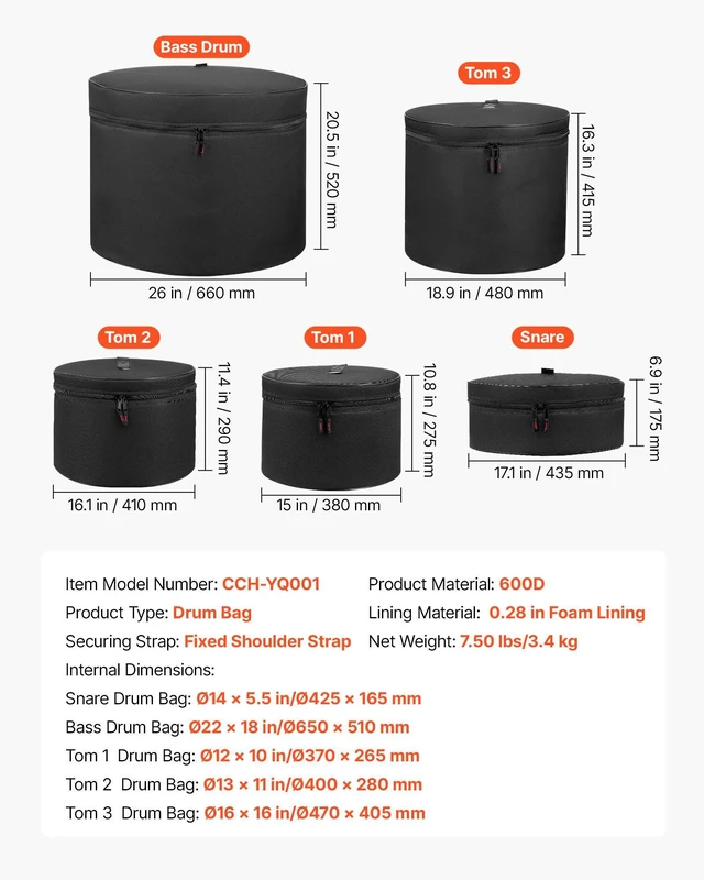 Alt view image 7 of 8 - VEVOR 5-Piece Drum Case Set, 600D, Padded Drum Bags for 22 in Bass, 12/13/16 in Tom, 14 in Snare, Thick Padding, Lightweight Protective Covers Travel Storage Cases, for Drums Accessories Protection