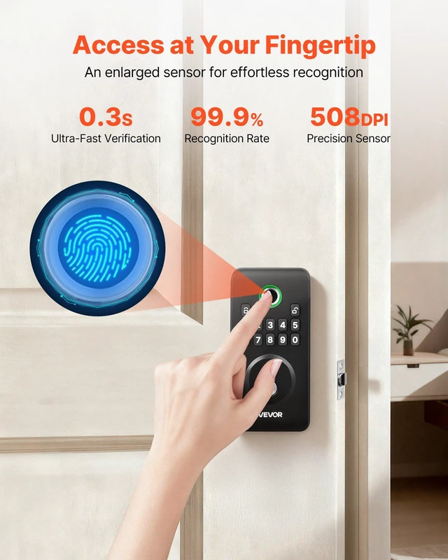 Alt view image 3 of 8 - VEVOR Fingerprint Door Lock, Electronic Biometric Deadbolt with Pioneering Easy-Grip Design, Auto Locking, One-Time Code, Anti-Peeking Password, Keyless Entry Door Lock for Home Use, Matte Black