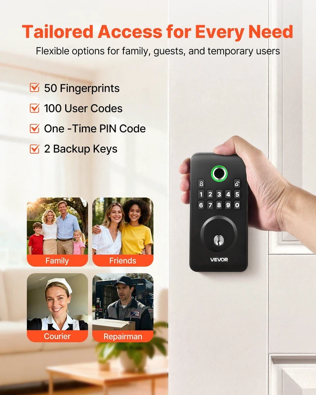 Alt view image 2 of 8 - VEVOR Fingerprint Door Lock, Electronic Biometric Deadbolt with Pioneering Easy-Grip Design, Auto Locking, One-Time Code, Anti-Peeking Password, Keyless Entry Door Lock for Home Use, Matte Black