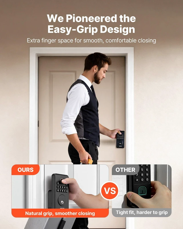 Alt view image 4 of 8 - VEVOR Fingerprint Door Lock, Electronic Biometric Deadbolt with Pioneering Easy-Grip Design, Auto Locking, One-Time Code, Anti-Peeking Password, Keyless Entry Door Lock for Home Use, Matte Black