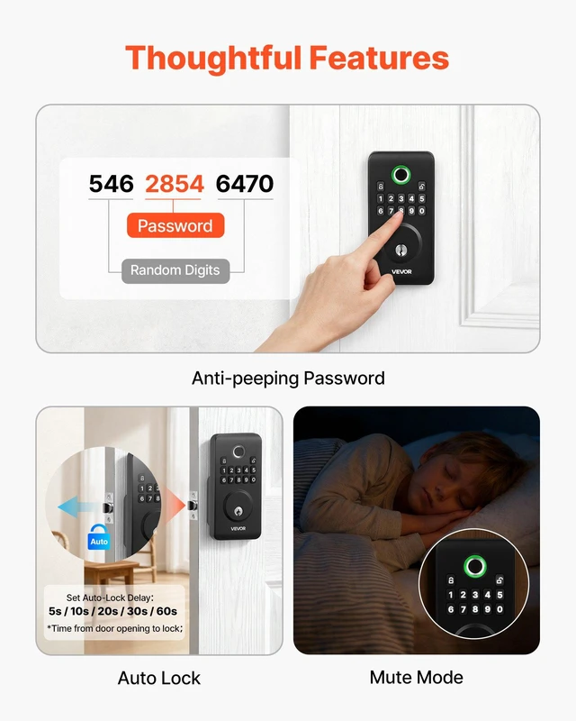 Alt view image 5 of 8 - VEVOR Fingerprint Door Lock, Electronic Biometric Deadbolt with Pioneering Easy-Grip Design, Auto Locking, One-Time Code, Anti-Peeking Password, Keyless Entry Door Lock for Home Use, Matte Black