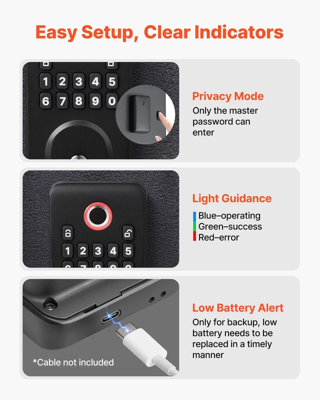Alt view image 7 of 8 - VEVOR Fingerprint Door Lock, Electronic Biometric Deadbolt with Pioneering Easy-Grip Design, Auto Locking, One-Time Code, Anti-Peeking Password, Keyless Entry Door Lock for Home Use, Matte Black