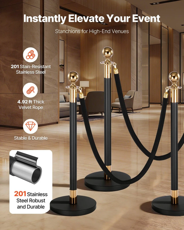 Alt view image 2 of 8 - VEVOR Stanchion Post, 4 Pcs Crowd Control Barrier Set with 2 Black Velvet Ropes, Heavy Duty Stainless Steel Stanchion Post Queue with Hollow Base for Theater, Party, Wedding, Exhibition, Event (Black)