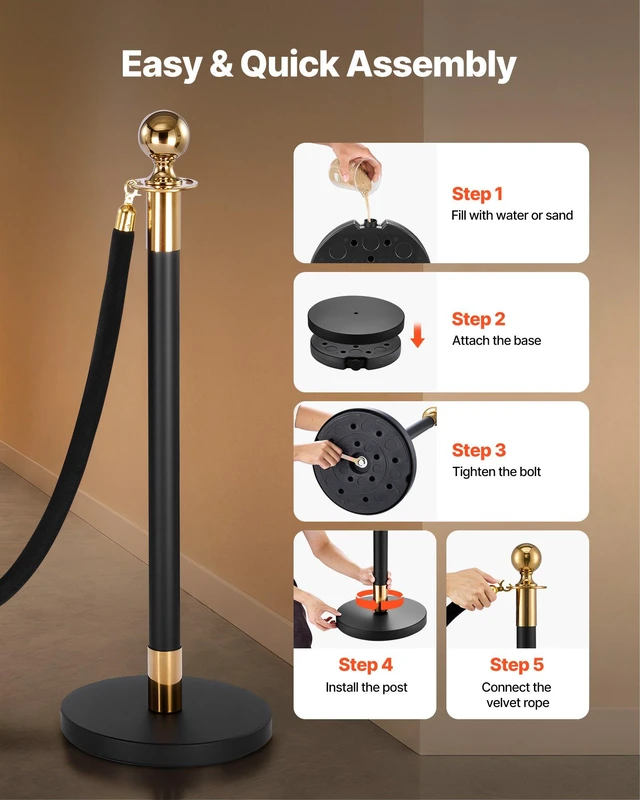 Alt view image 5 of 8 - VEVOR Stanchion Post, 4 Pcs Crowd Control Barrier Set with 2 Black Velvet Ropes, Heavy Duty Stainless Steel Stanchion Post Queue with Hollow Base for Theater, Party, Wedding, Exhibition, Event (Black)