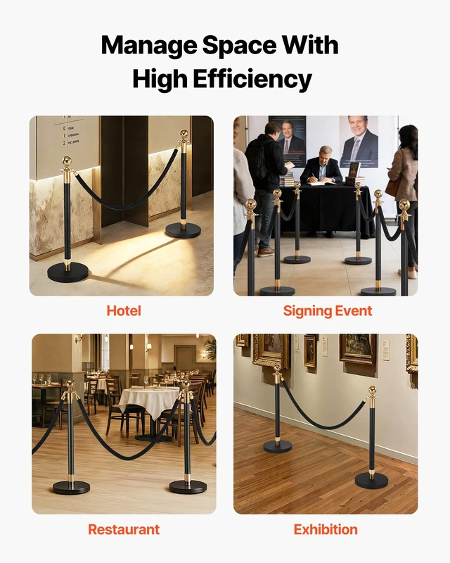 Alt view image 6 of 8 - VEVOR Stanchion Post, 4 Pcs Crowd Control Barrier Set with 2 Black Velvet Ropes, Heavy Duty Stainless Steel Stanchion Post Queue with Hollow Base for Theater, Party, Wedding, Exhibition, Event (Black)