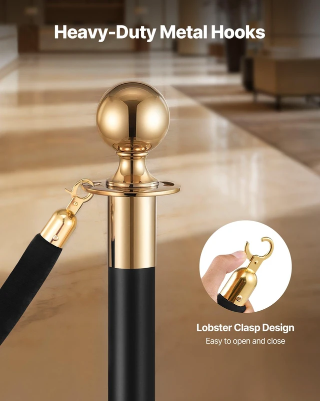 Alt view image 3 of 8 - VEVOR 4 Pcs Black Velvet Stanchion Ropes, 5 ft Crowd Control Stanchion Black Velvet Ropes with Gold Hooks, Post Queue Barrier Carpet Rope for Carpet Events Movie Theaters Grand Openings Hotels Party