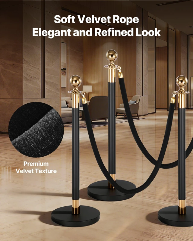 Alt view image 2 of 8 - VEVOR 4 Pcs Black Velvet Stanchion Ropes, 5 ft Crowd Control Stanchion Black Velvet Ropes with Gold Hooks, Post Queue Barrier Carpet Rope for Carpet Events Movie Theaters Grand Openings Hotels Party