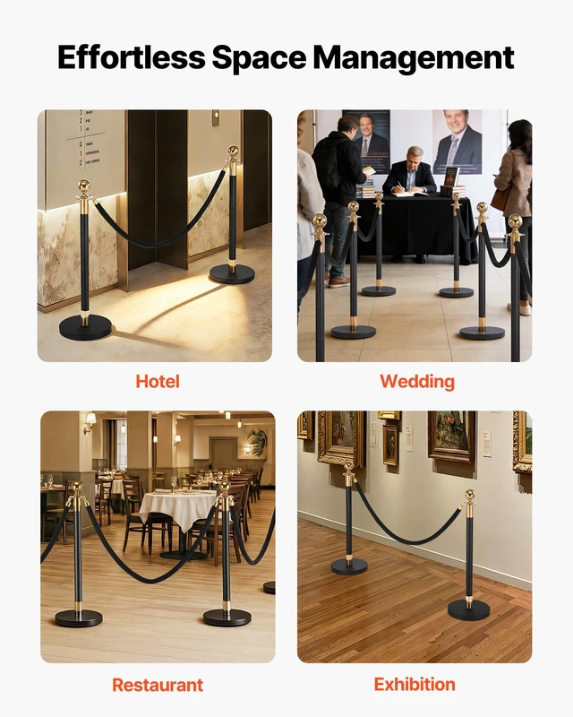 Alt view image 6 of 8 - VEVOR 4 Pcs Black Velvet Stanchion Ropes, 5 ft Crowd Control Stanchion Black Velvet Ropes with Gold Hooks, Post Queue Barrier Carpet Rope for Carpet Events Movie Theaters Grand Openings Hotels Party