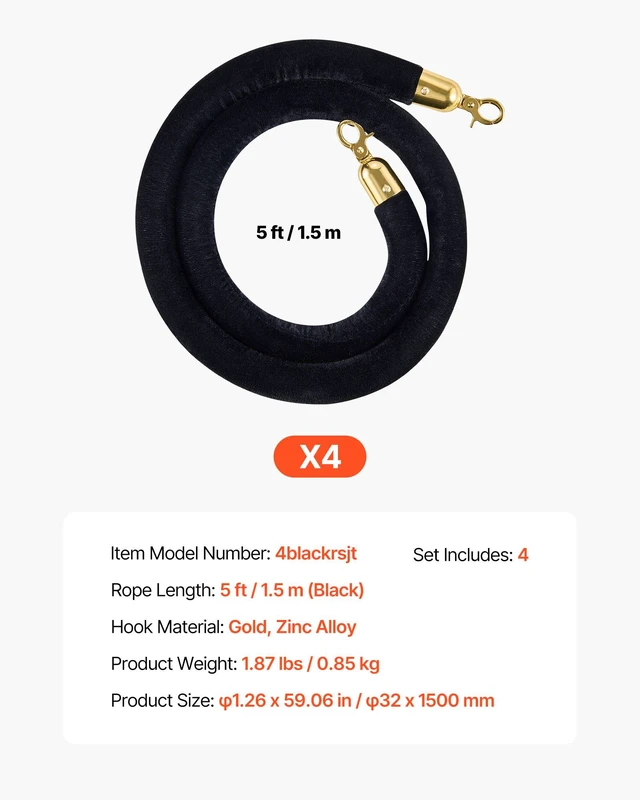 Alt view image 7 of 8 - VEVOR 4 Pcs Black Velvet Stanchion Ropes, 5 ft Crowd Control Stanchion Black Velvet Ropes with Gold Hooks, Post Queue Barrier Carpet Rope for Carpet Events Movie Theaters Grand Openings Hotels Party