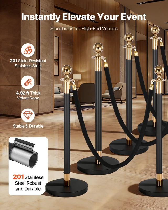 Alt view image 2 of 8 - VEVOR Stanchion Post, 8 Pcs Crowd Control Barrier Set with 6 Black Velvet Ropes, Heavy Duty Stainless Steel Stanchion Post Queue with Hollow Base for Theater, Party, Wedding, Exhibition, Event (Black)